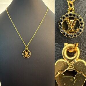 LV Gold Pendant Necklace with Black Accents